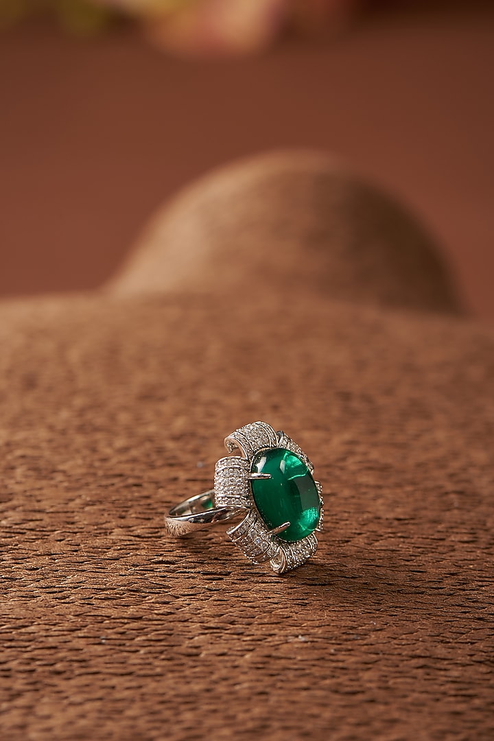 White Finish CZ & Synthetic Emerald Stone Ring In Sterling Silver by STELLA CREATIONS at Pernia's Pop Up Shop