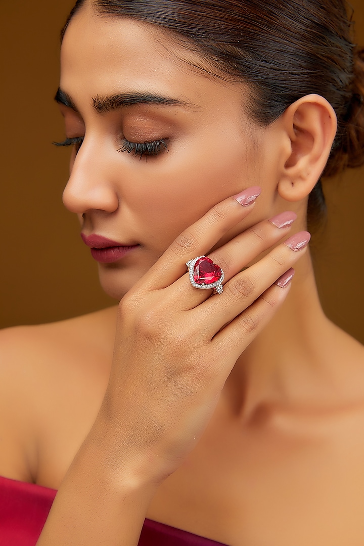 White Finish Zircon & Synthetic Ruby Stone Ring In Sterling Silver by STELLA CREATIONS