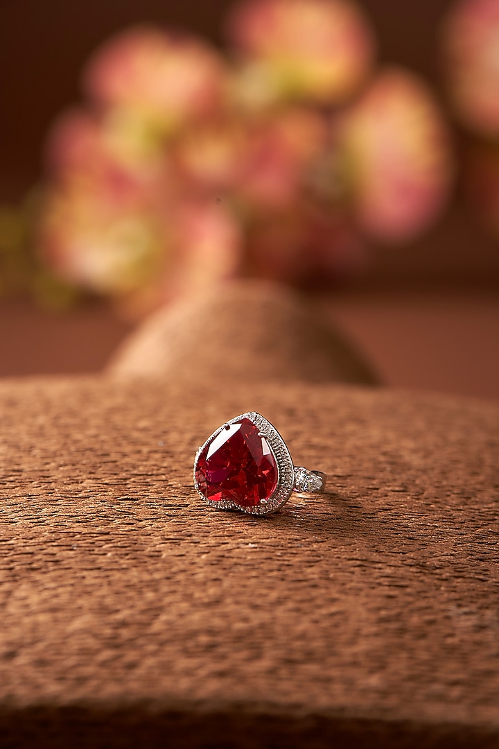 White Finish Zircon & Synthetic Ruby Stone Ring In Sterling Silver by STELLA CREATIONS at Pernia's Pop Up Shop