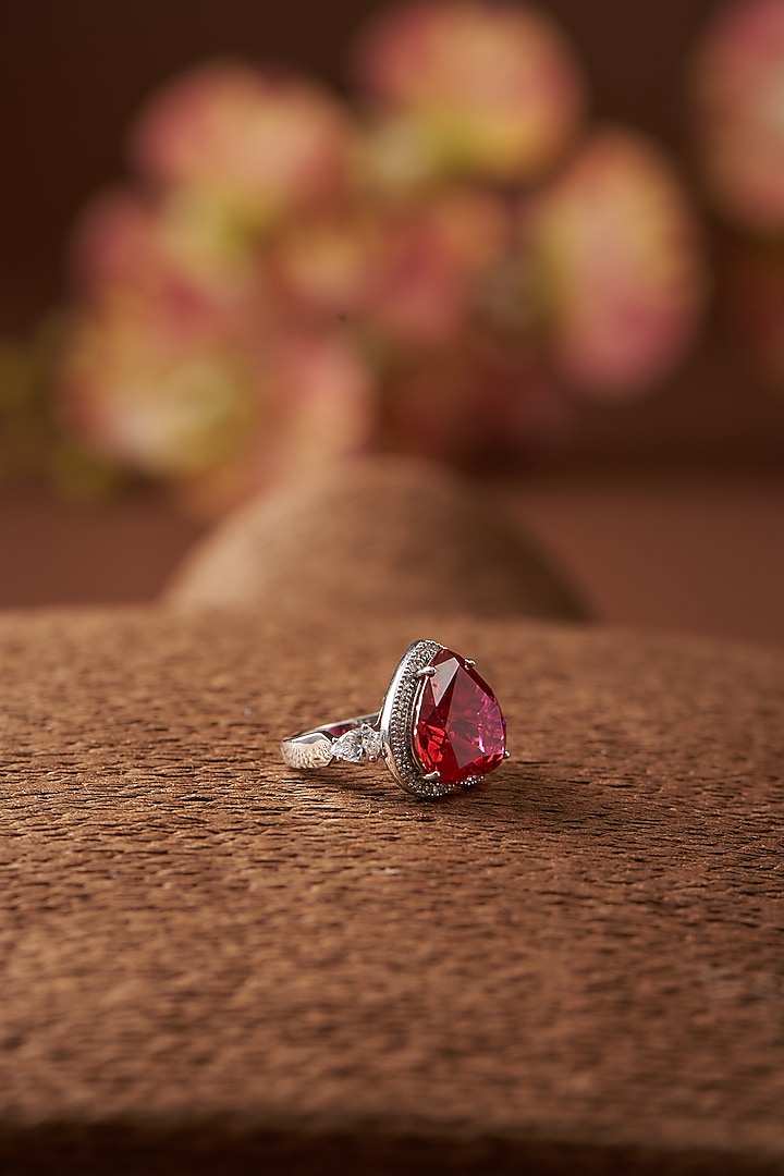 White Finish Zircon & Synthetic Ruby Stone Ring In Sterling Silver by STELLA CREATIONS at Pernia's Pop Up Shop