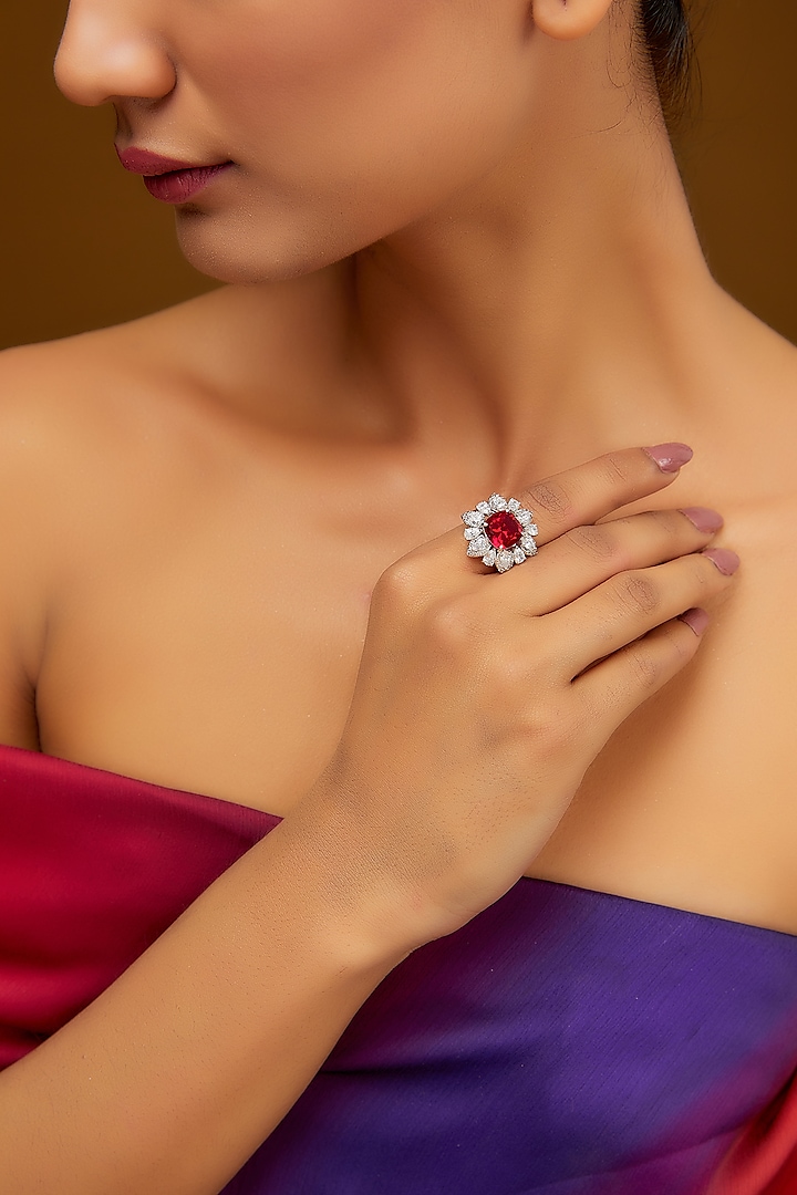 White Finish Zircon & Synthetic Ruby Stone Ring In Sterling Silver by STELLA CREATIONS
