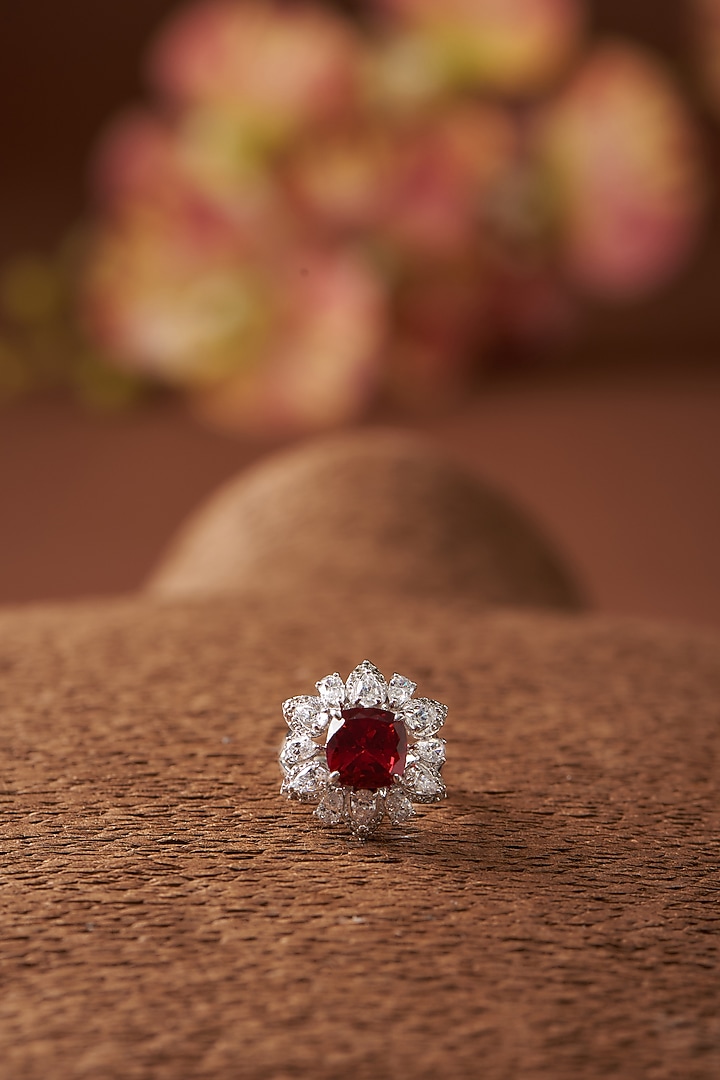 White Finish Zircon & Synthetic Ruby Stone Ring In Sterling Silver by STELLA CREATIONS at Pernia's Pop Up Shop