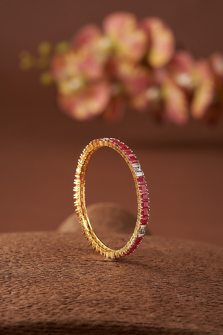 Gold Finish CZ & Synthetic Ruby Stone Bangles In Sterling Silver (Set of 2) by STELLA CREATIONS at Pernia's Pop Up Shop