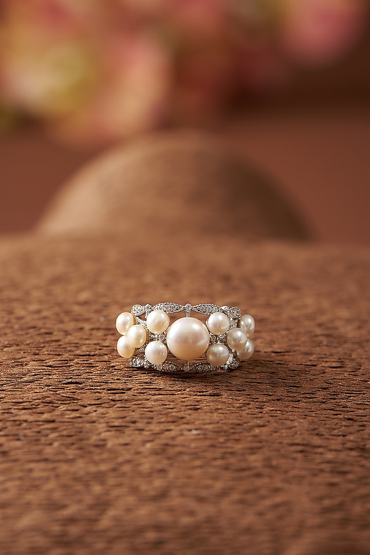White Finish Pearl Ring In Sterling Silver by STELLA CREATIONS
