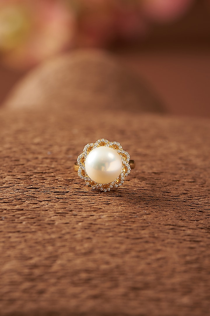 Yellow Gold Finish Freshwater Pearl Ring In Sterling Silver by STELLA CREATIONS at Pernia's Pop Up Shop