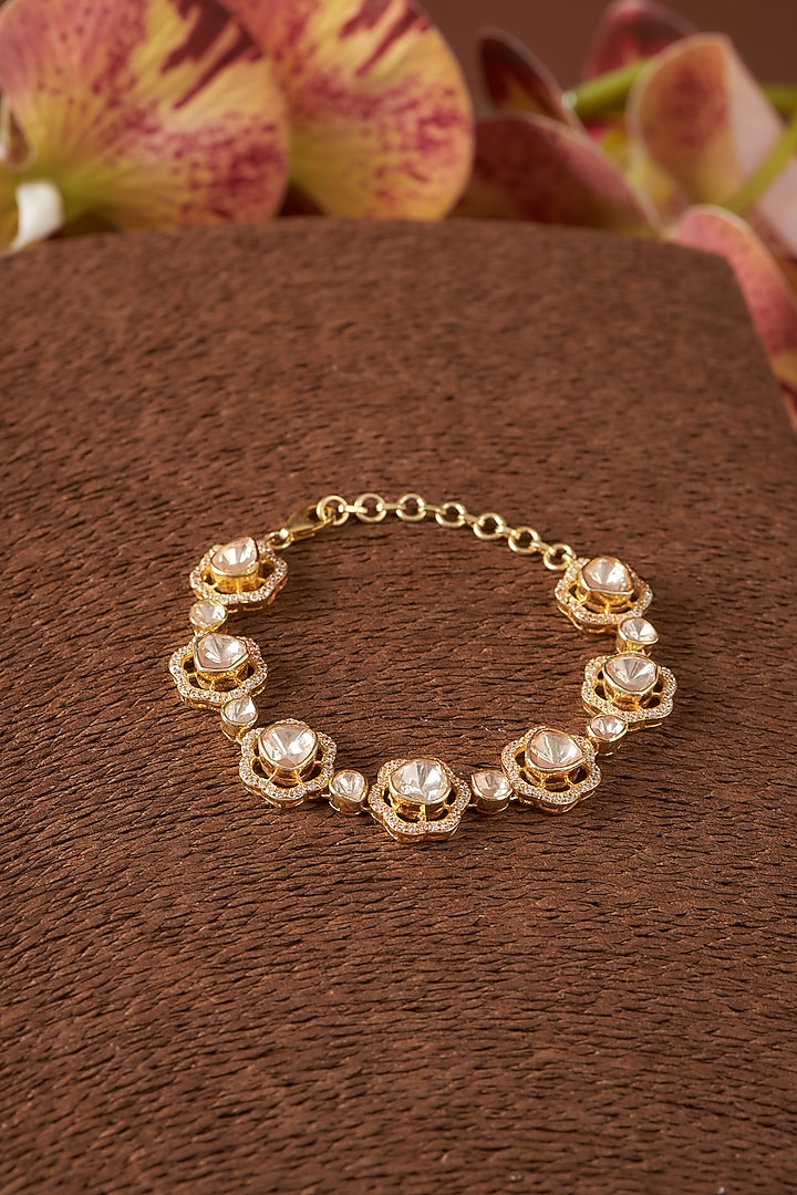 Gold Finish Moissanite Polki & CZ Bracelet In Sterling Silver by STELLA CREATIONS at Pernia's Pop Up Shop