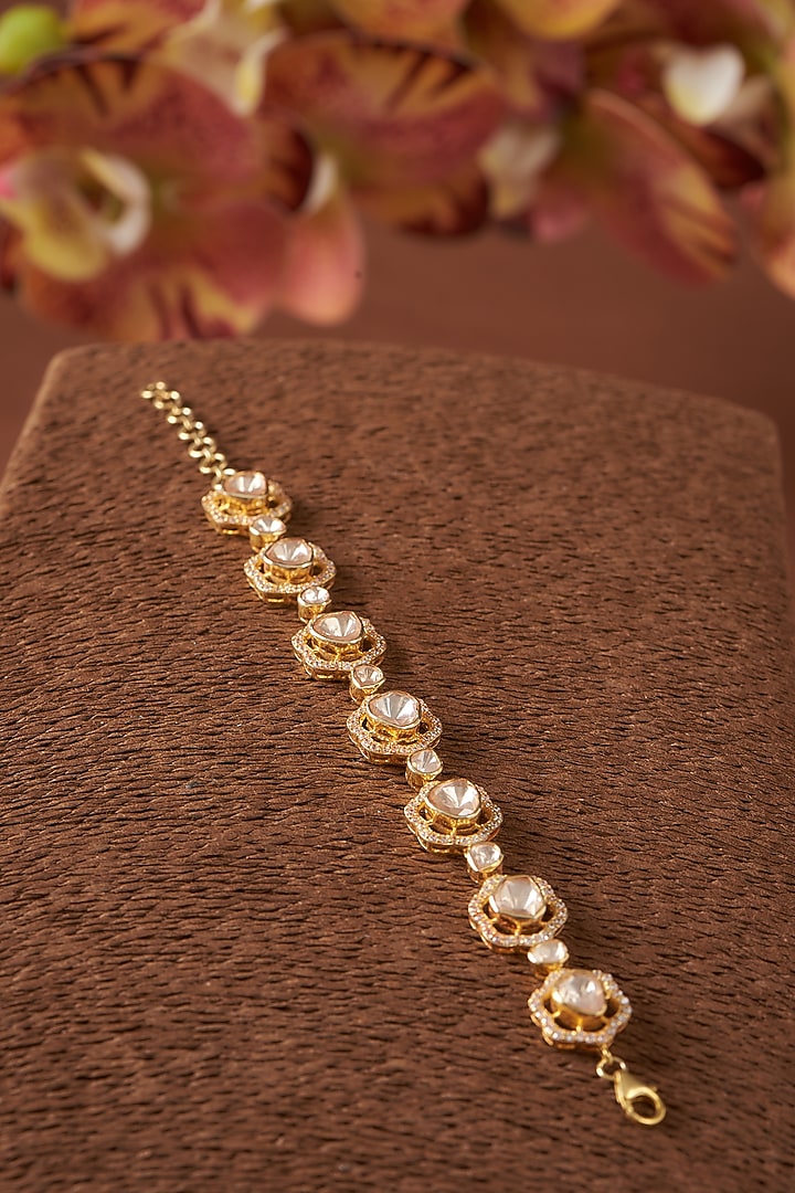 Gold Finish Moissanite Polki & CZ Bracelet In Sterling Silver by STELLA CREATIONS at Pernia's Pop Up Shop