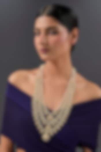 Gold Finish Moissanite Polki & Ruby Long Layered Necklace In Sterling Silver by STELLA CREATIONS at Pernia's Pop Up Shop