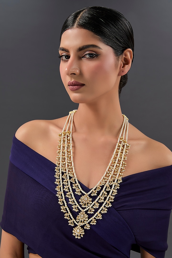 Gold Finish Moissanite Polki & Ruby Long Layered Necklace In Sterling Silver by STELLA CREATIONS at Pernia's Pop Up Shop