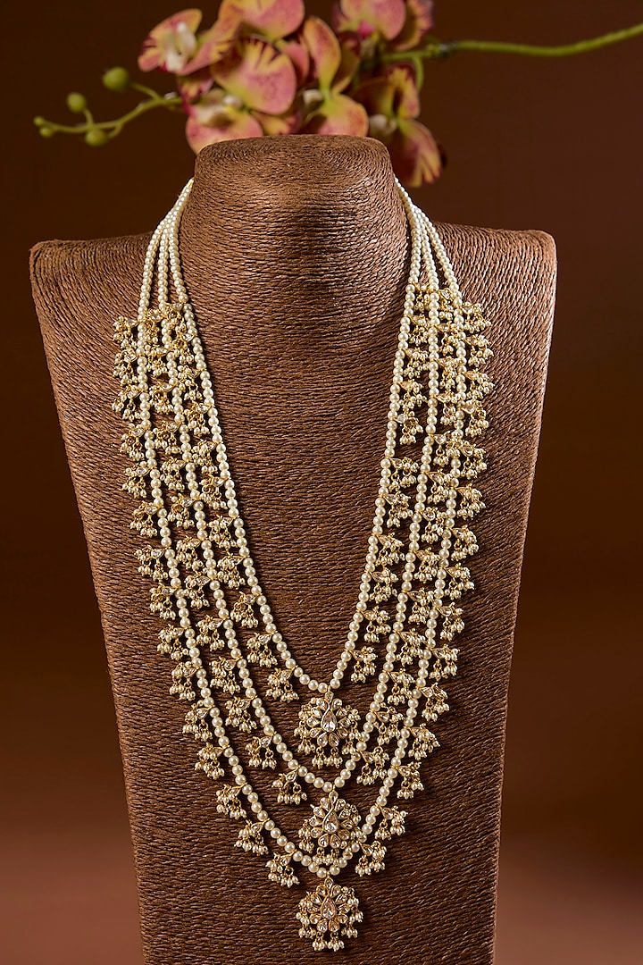 Gold Finish Moissanite Polki & Ruby Long Layered Necklace In Sterling Silver by STELLA CREATIONS at Pernia's Pop Up Shop