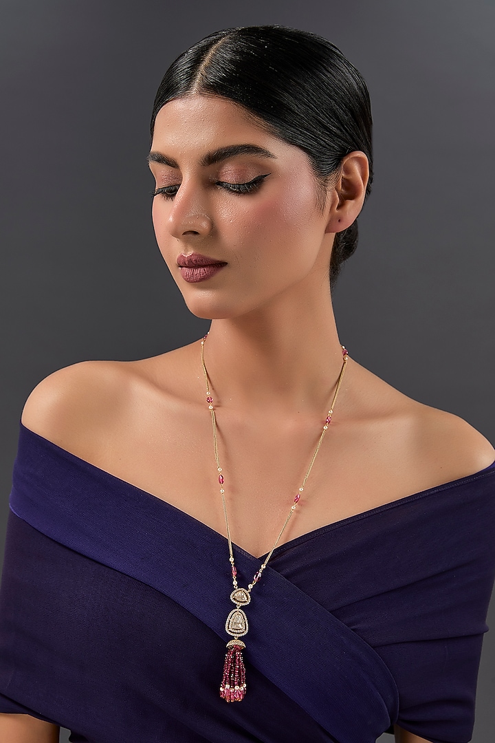 Gold Finish Moissanite Polki & Pink Tourmaline Pendant Necklace In Sering Silver by STELLA CREATIONS at Pernia's Pop Up Shop