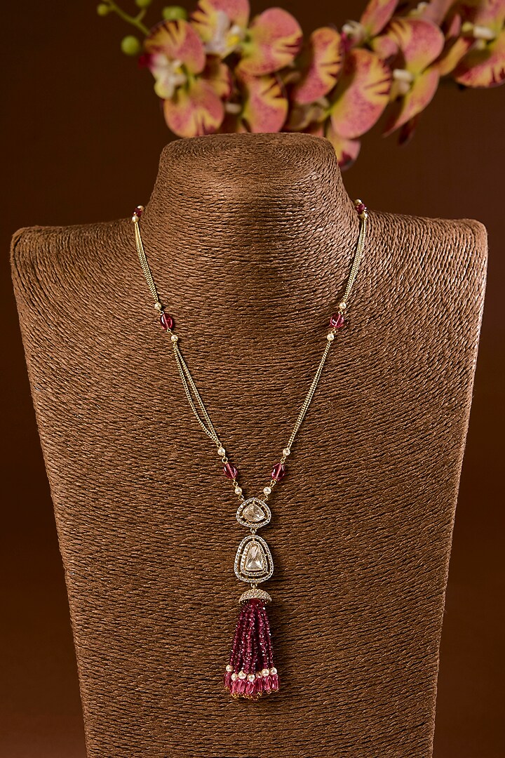 Gold Finish Moissanite Polki & Pink Tourmaline Pendant Necklace In Sering Silver by STELLA CREATIONS at Pernia's Pop Up Shop