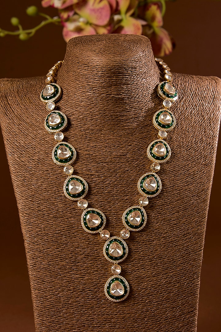 Yellow Gold Finish Moissanite Polki & Emerald Long Necklace Set In Sterling Silver by STELLA CREATIONS at Pernia's Pop Up Shop