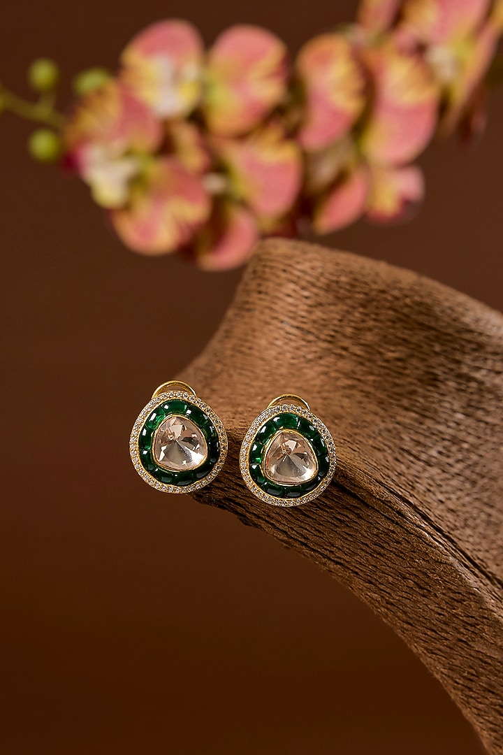 Yellow Gold Finish Moissanite Polki & Emerald Long Necklace Set In Sterling Silver by STELLA CREATIONS at Pernia's Pop Up Shop