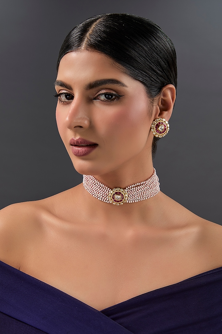 Gold Finish Moissanite Polki & Pearl Choker Necklace Set In Sterling Silver by STELLA CREATIONS at Pernia's Pop Up Shop