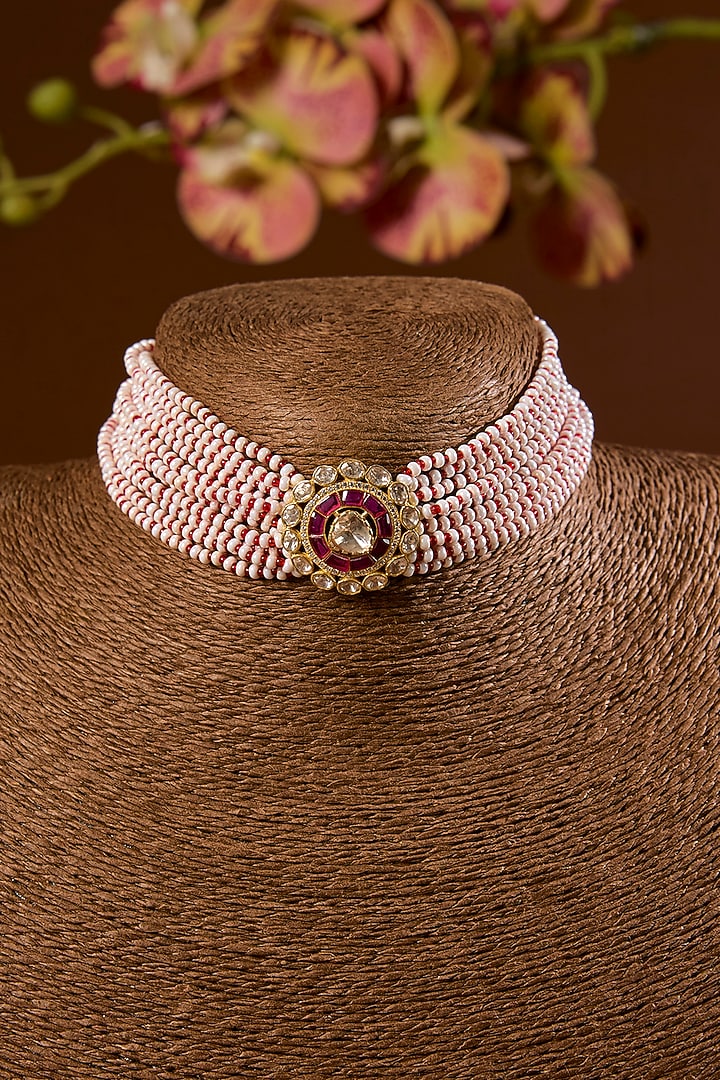 Gold Finish Moissanite Polki & Pearl Choker Necklace Set In Sterling Silver by STELLA CREATIONS at Pernia's Pop Up Shop