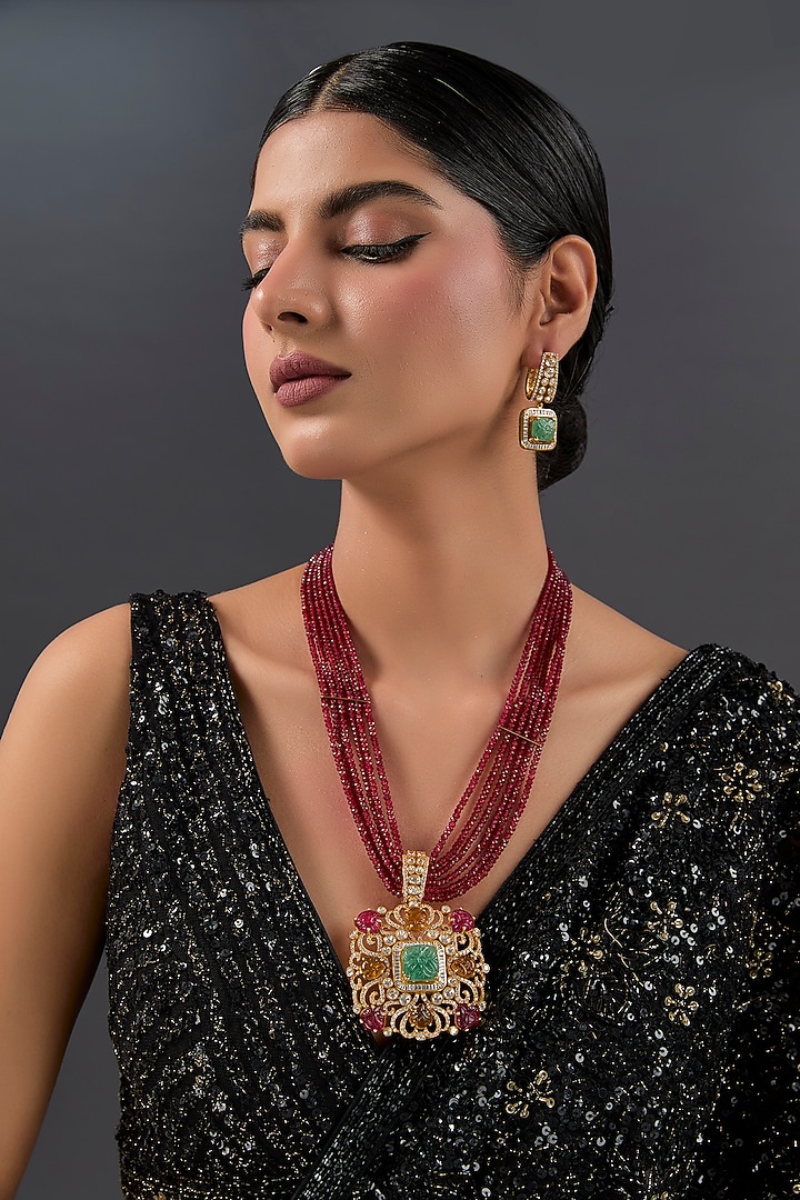 Yellow Gold Finish Moissanite Polki & Ruby Long Necklace Set In Sterling Silver by STELLA CREATIONS at Pernia's Pop Up Shop