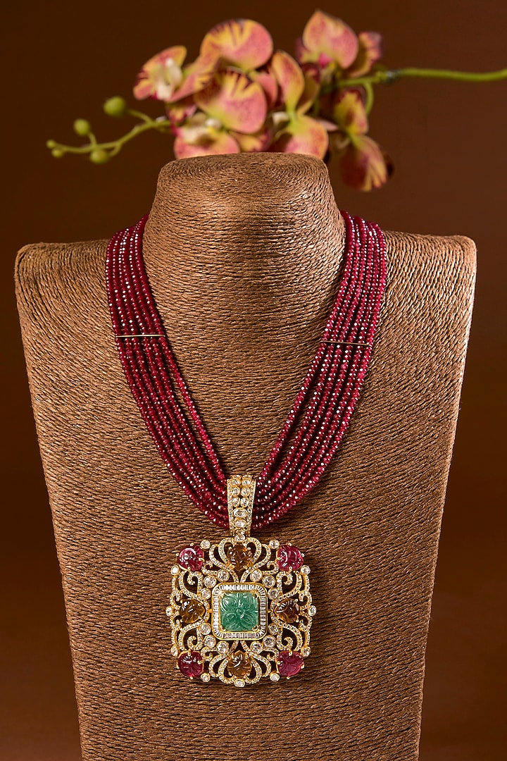 Yellow Gold Finish Moissanite Polki & Ruby Long Necklace Set In Sterling Silver by STELLA CREATIONS at Pernia's Pop Up Shop