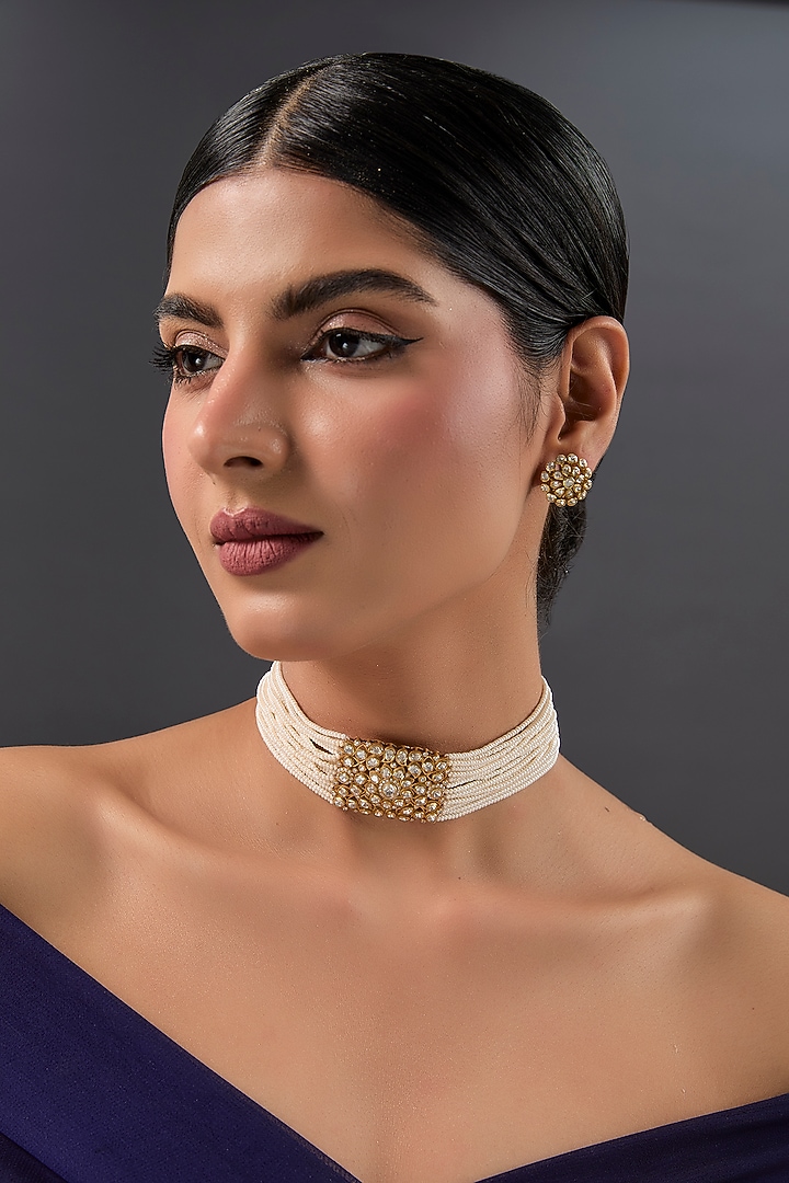 Yellow Gold Finish Moissanite Polki & Pearl Choker Necklace Set In Sterling Silver by STELLA CREATIONS at Pernia's Pop Up Shop