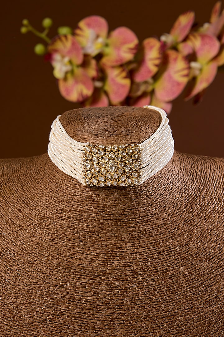 Yellow Gold Finish Moissanite Polki & Pearl Choker Necklace Set In Sterling Silver by STELLA CREATIONS at Pernia's Pop Up Shop