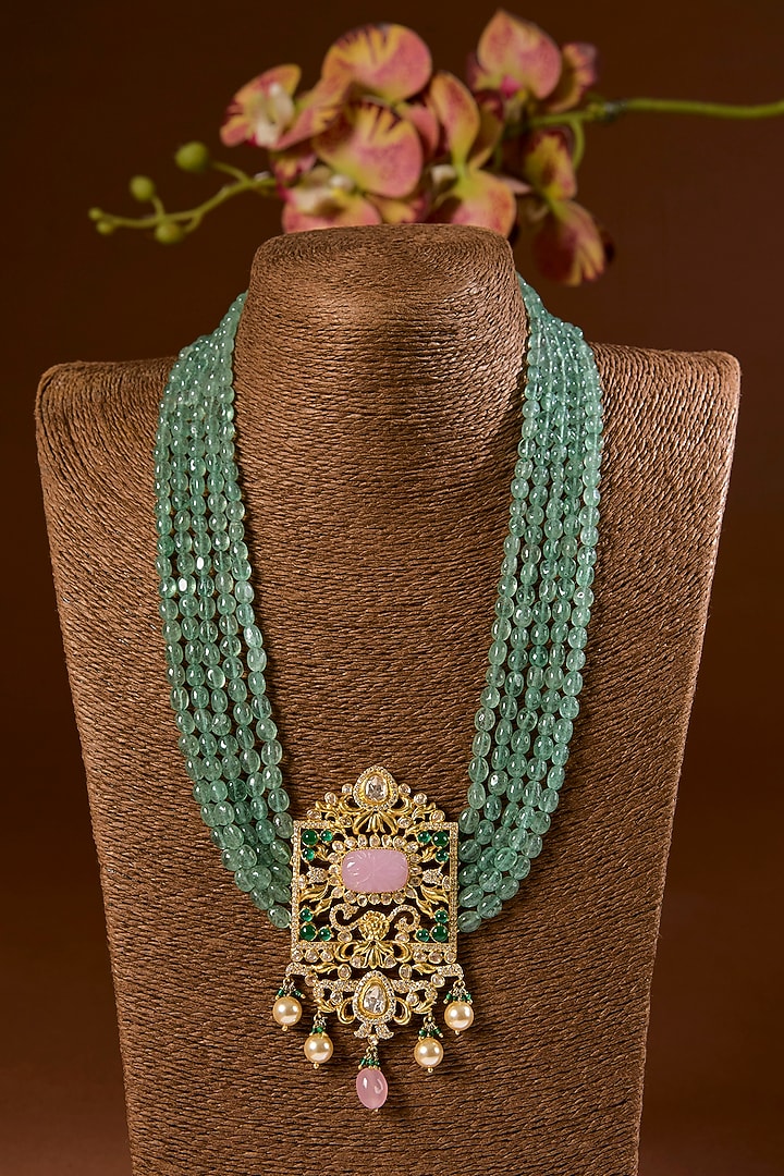 Yellow Gold Finish Moissanite Polki & Emerald Long Necklace Set In Sterling Silver by STELLA CREATIONS at Pernia's Pop Up Shop