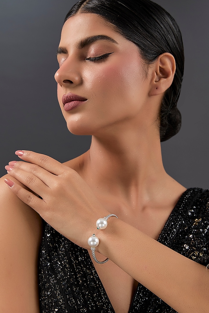 White Gold Finish Eurostar & Pearl Bracelet In Sterling Silver by STELLA CREATIONS at Pernia's Pop Up Shop