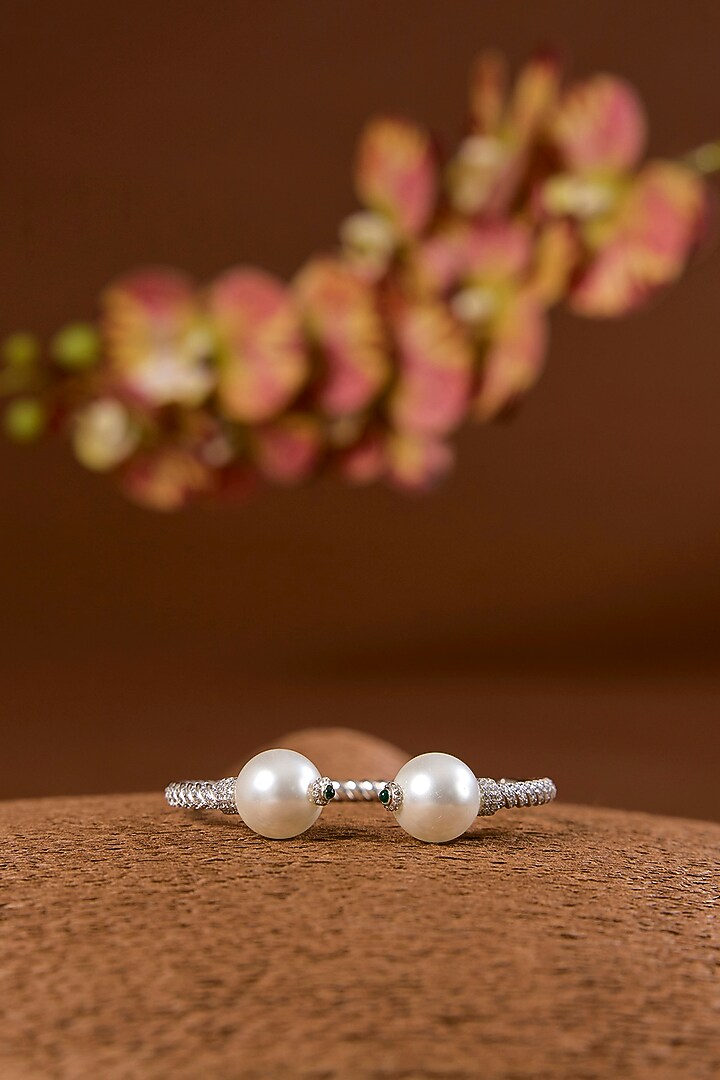 White Gold Finish Eurostar & Pearl Bracelet In Sterling Silver by STELLA CREATIONS at Pernia's Pop Up Shop