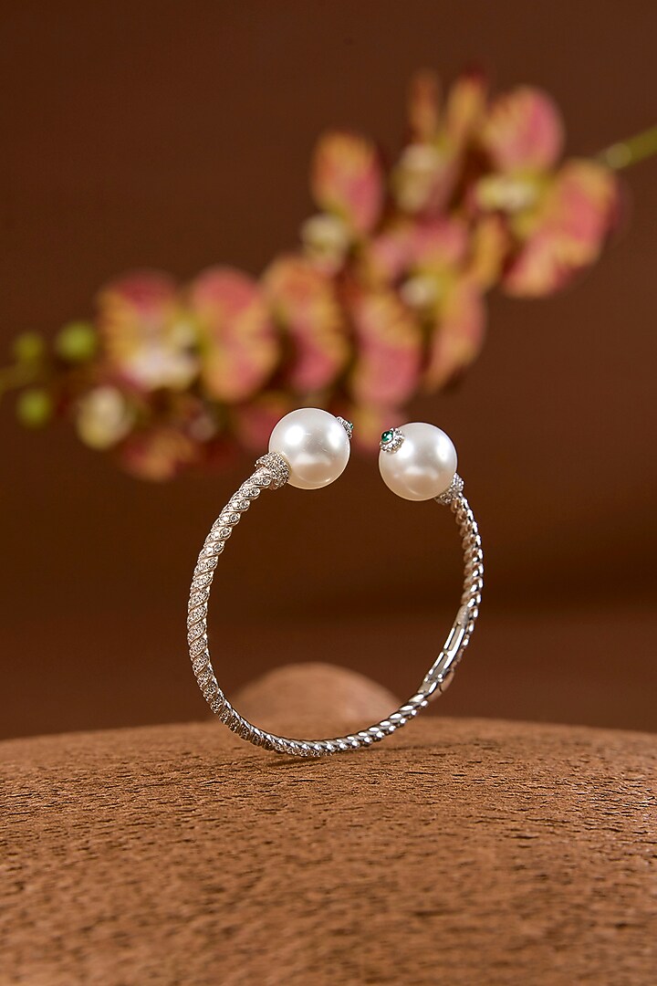 White Gold Finish Eurostar & Pearl Bracelet In Sterling Silver by STELLA CREATIONS at Pernia's Pop Up Shop