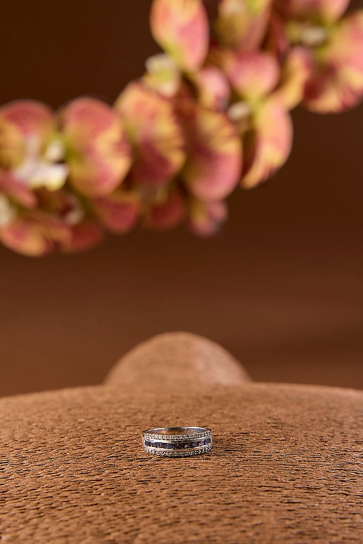 White Gold Finish Eurostar & Blue Sapphire Ring In Sterling Silver by STELLA CREATIONS at Pernia's Pop Up Shop