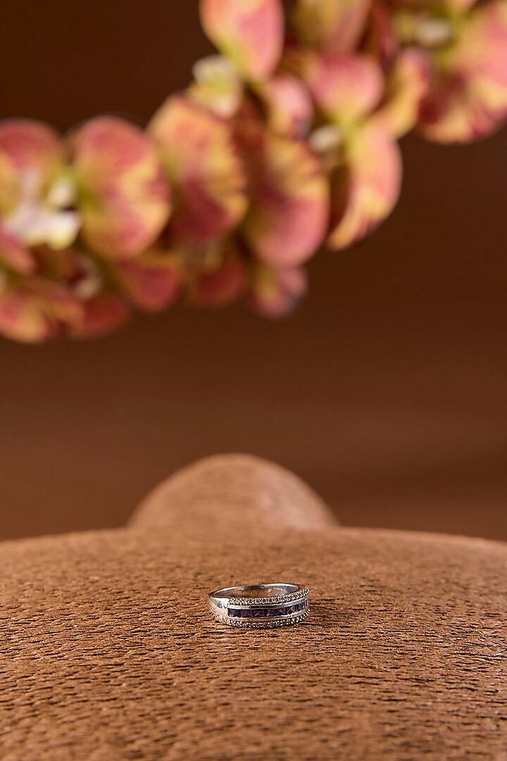 White Gold Finish Eurostar & Blue Sapphire Ring In Sterling Silver by STELLA CREATIONS at Pernia's Pop Up Shop