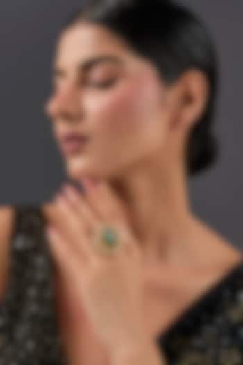 Yellow Gold Finish Moissanite & Emerald Ring In Sterling Silver by STELLA CREATIONS at Pernia's Pop Up Shop