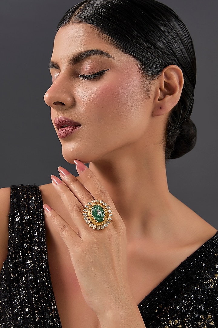 Yellow Gold Finish Moissanite & Emerald Ring In Sterling Silver by STELLA CREATIONS at Pernia's Pop Up Shop