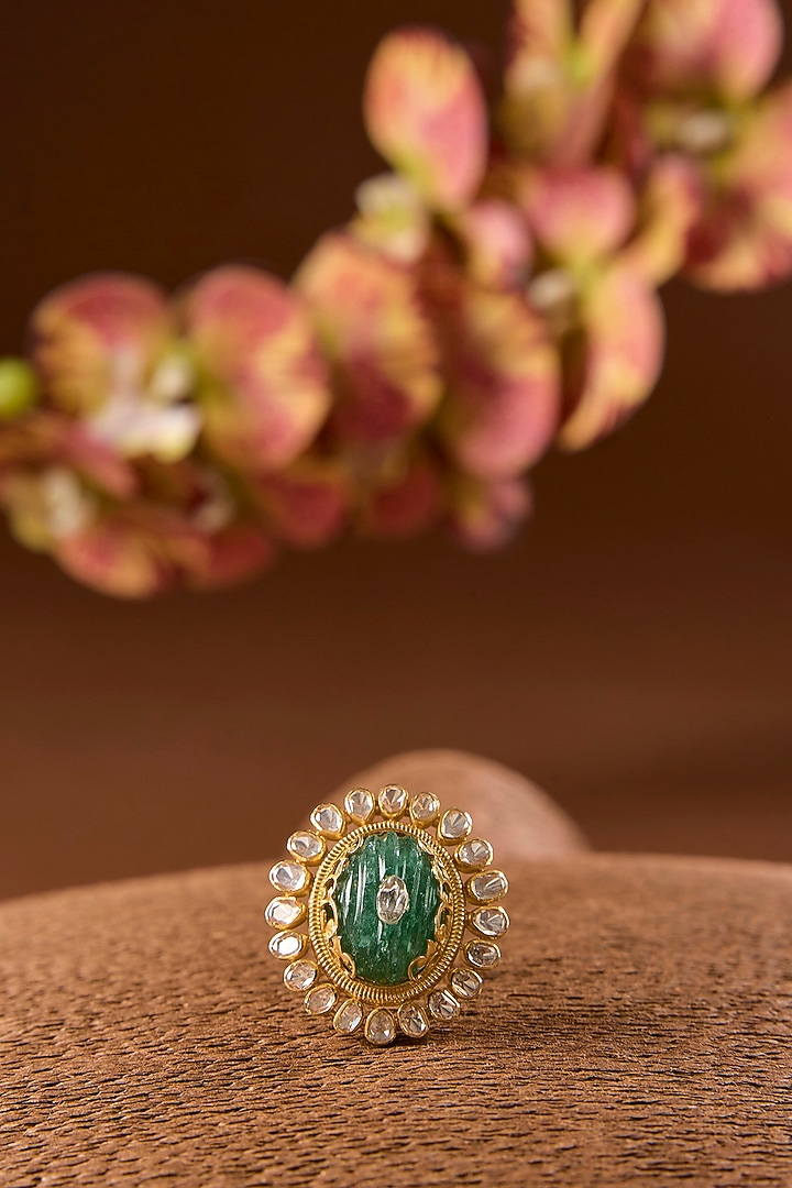 Yellow Gold Finish Moissanite & Emerald Ring In Sterling Silver by STELLA CREATIONS at Pernia's Pop Up Shop