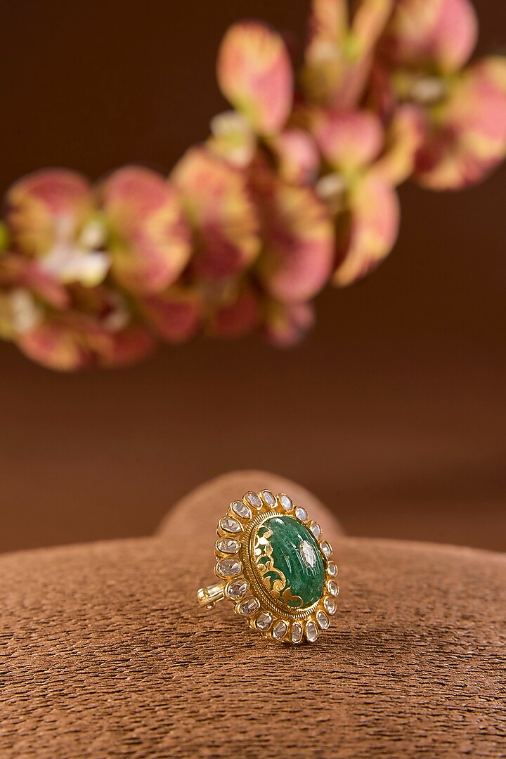Yellow Gold Finish Moissanite & Emerald Ring In Sterling Silver by STELLA CREATIONS at Pernia's Pop Up Shop