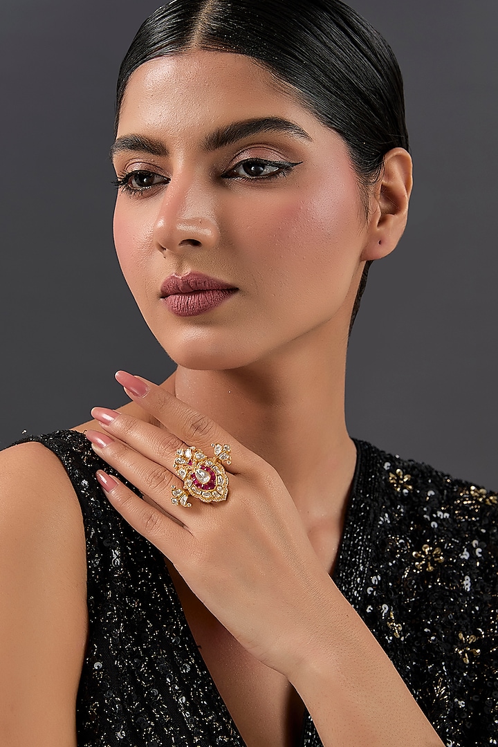 Yellow Gold Finish Moissanite Polki & Ruby Ring In Sterling Silver by STELLA CREATIONS at Pernia's Pop Up Shop