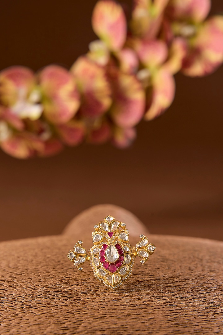 Yellow Gold Finish Moissanite Polki & Ruby Ring In Sterling Silver by STELLA CREATIONS at Pernia's Pop Up Shop