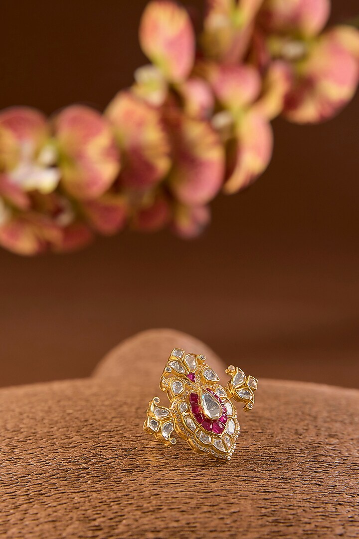 Yellow Gold Finish Moissanite Polki & Ruby Ring In Sterling Silver by STELLA CREATIONS at Pernia's Pop Up Shop