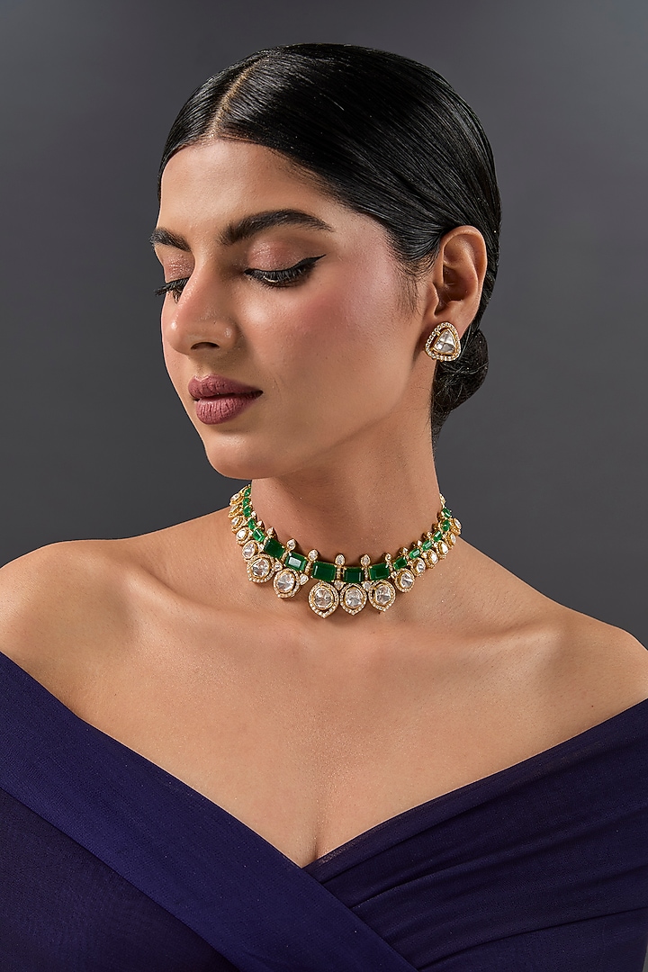 Yellow Gold Finish Moissanite Polki & Emerald Choker Necklace Set In Sterling Silver by STELLA CREATIONS at Pernia's Pop Up Shop