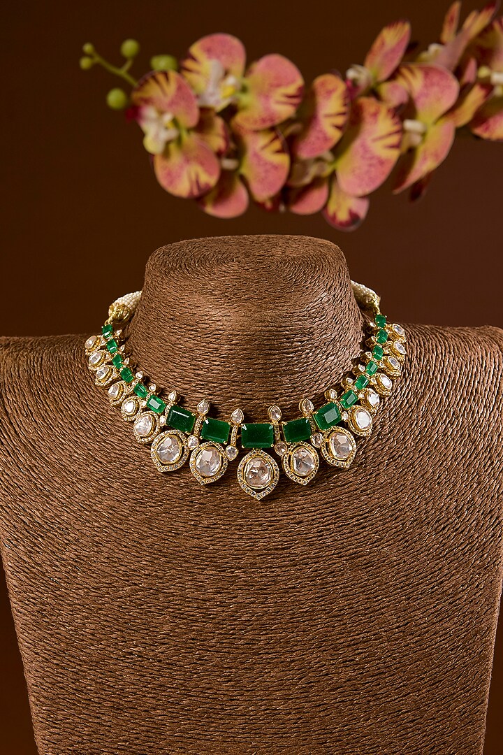 Yellow Gold Finish Moissanite Polki & Emerald Choker Necklace Set In Sterling Silver by STELLA CREATIONS at Pernia's Pop Up Shop