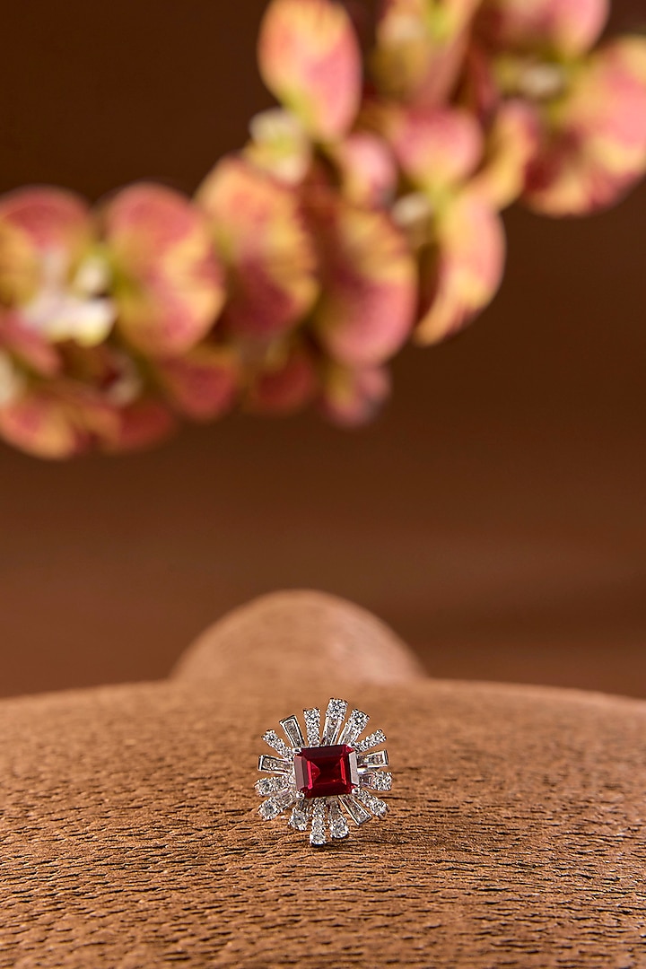 White Gold Finish Eurostar & Ruby Ring In Sterling Silver by STELLA CREATIONS at Pernia's Pop Up Shop