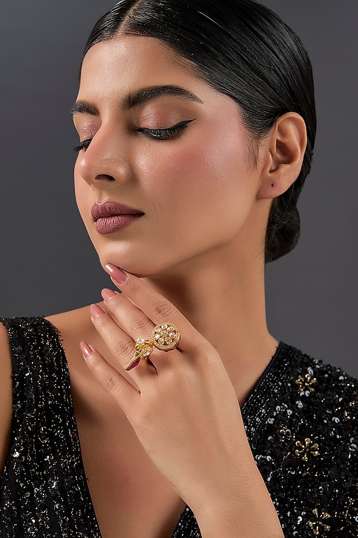 Yellow Gold Finish Moissanite Polki & Ruby Ring In Sterling Silver by STELLA CREATIONS at Pernia's Pop Up Shop