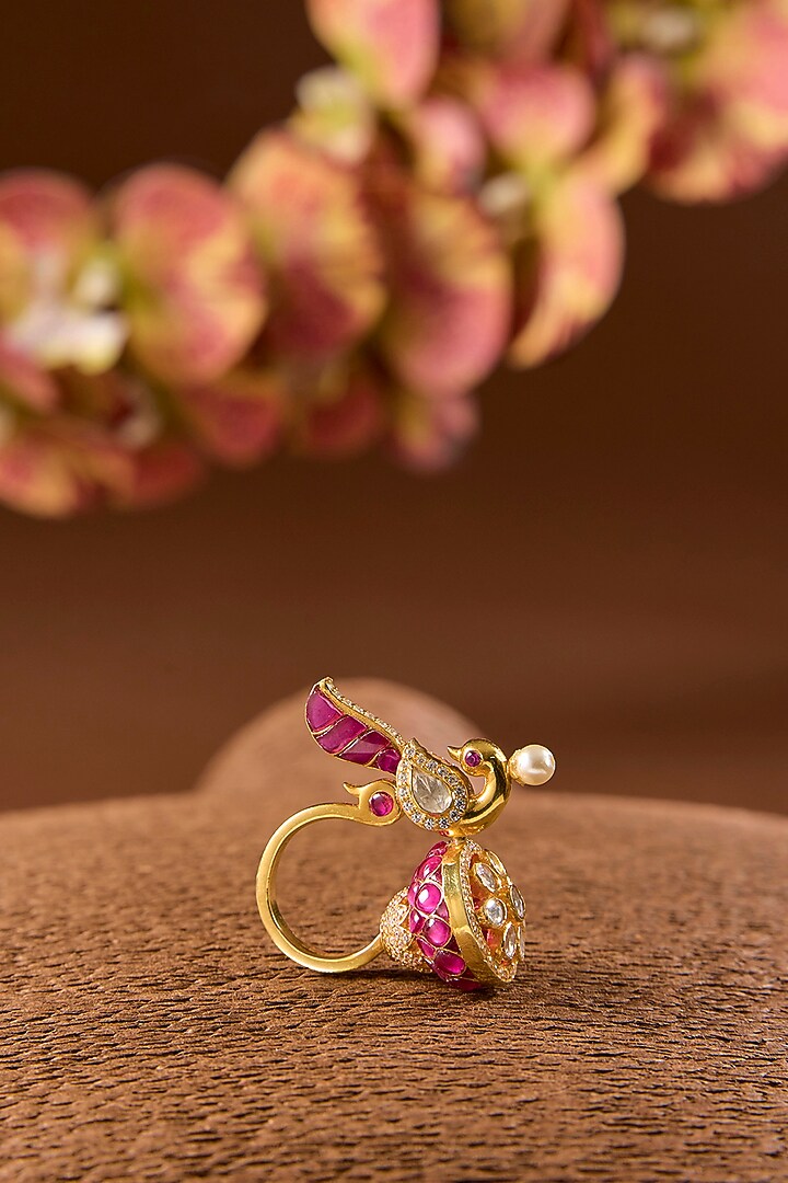 Yellow Gold Finish Moissanite Polki & Ruby Ring In Sterling Silver by STELLA CREATIONS at Pernia's Pop Up Shop