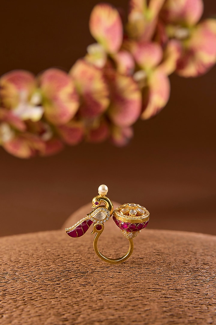 Yellow Gold Finish Moissanite Polki & Ruby Ring In Sterling Silver by STELLA CREATIONS at Pernia's Pop Up Shop