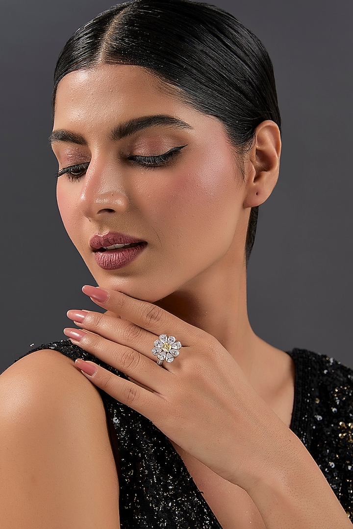 White Gold Finish Eurostar & Yellow Sapphire Ring In Sterling Silver by STELLA CREATIONS at Pernia's Pop Up Shop