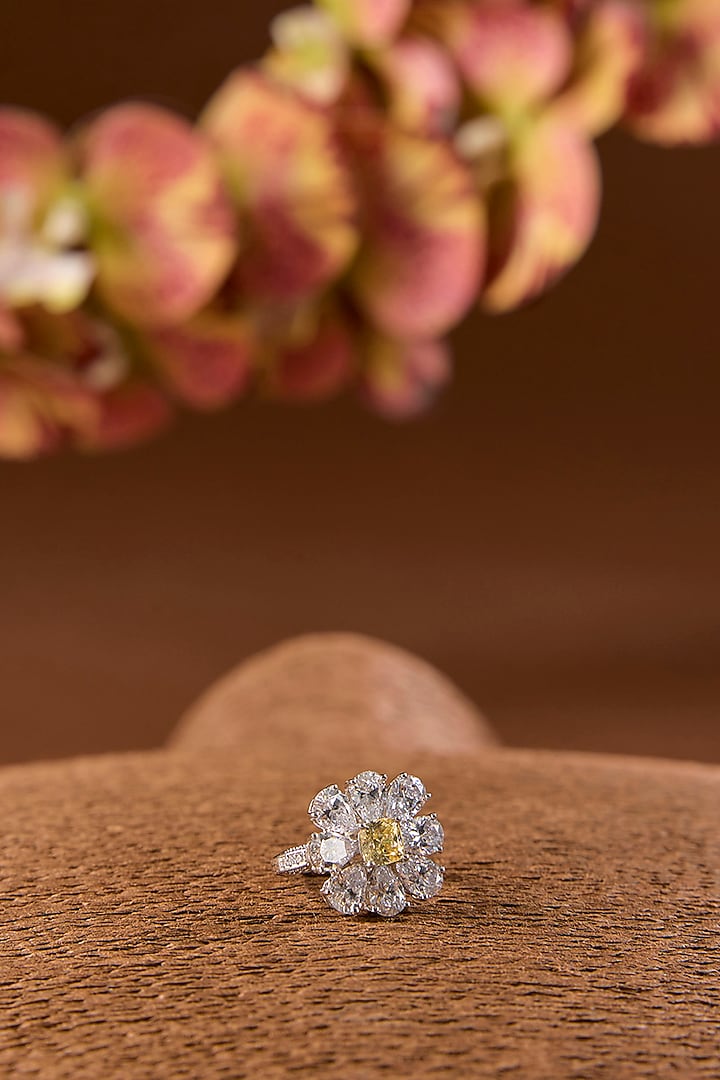 White Gold Finish Eurostar & Yellow Sapphire Ring In Sterling Silver by STELLA CREATIONS at Pernia's Pop Up Shop