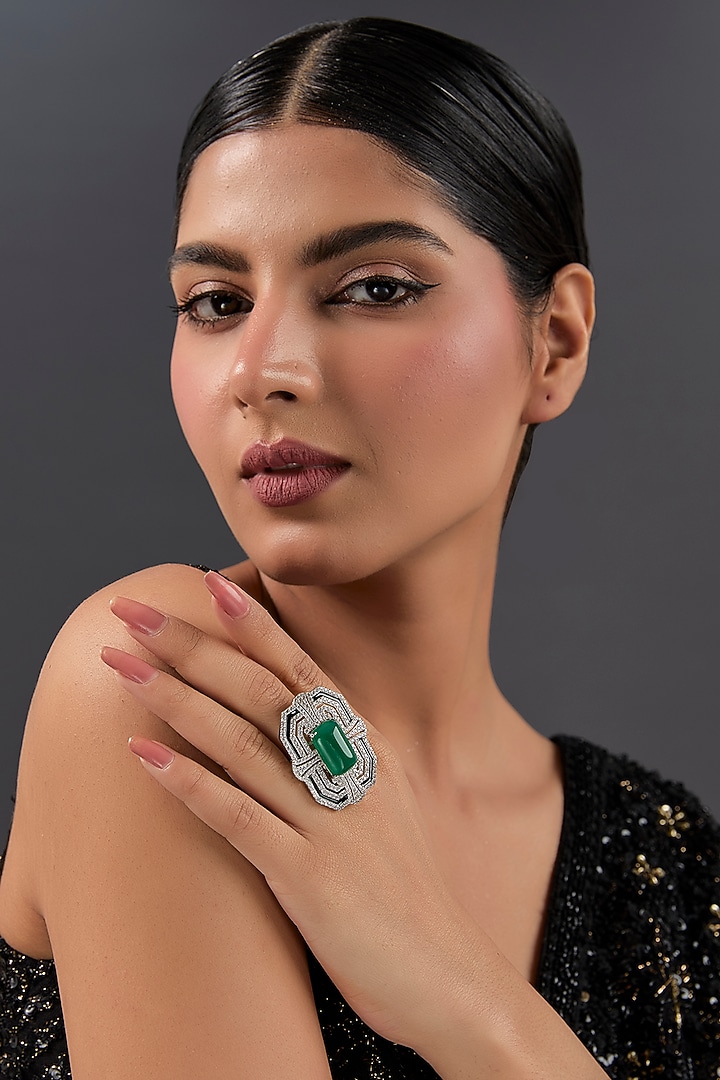 White Gold Finish Eurostar & Emerald Ring In Sterling Silver by STELLA CREATIONS at Pernia's Pop Up Shop