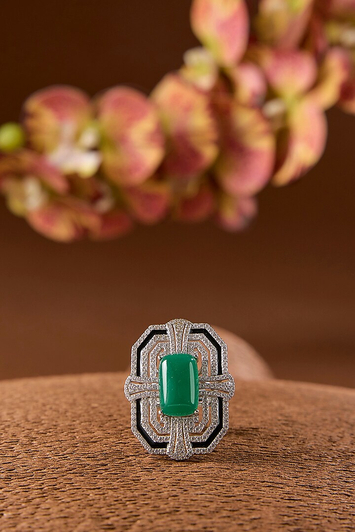 White Gold Finish Eurostar & Emerald Ring In Sterling Silver by STELLA CREATIONS at Pernia's Pop Up Shop