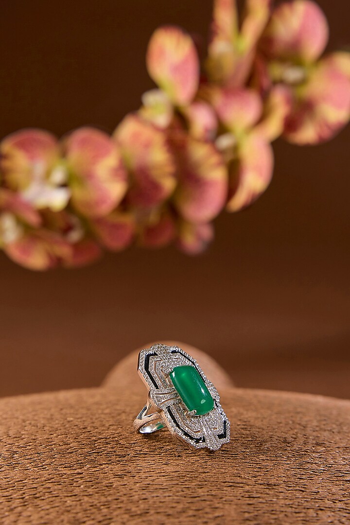 White Gold Finish Eurostar & Emerald Ring In Sterling Silver by STELLA CREATIONS at Pernia's Pop Up Shop