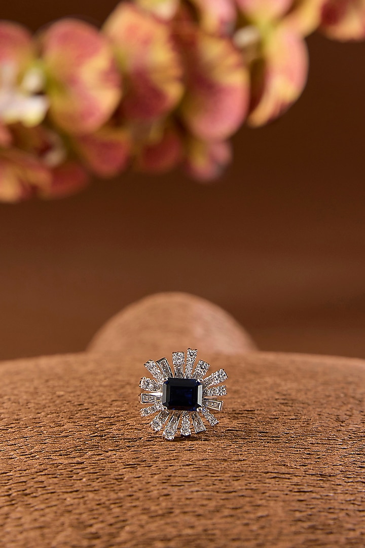 White Gold Finish Eurostar & Blue Sapphire Ring In Sterling Silver by STELLA CREATIONS at Pernia's Pop Up Shop