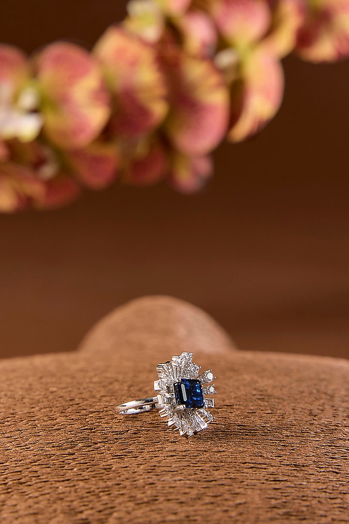 White Gold Finish Eurostar & Blue Sapphire Ring In Sterling Silver by STELLA CREATIONS at Pernia's Pop Up Shop